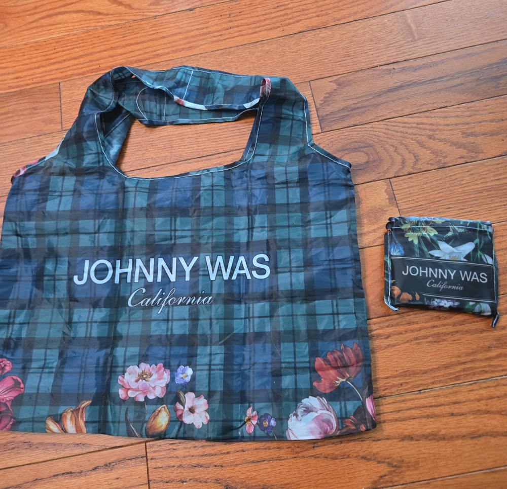 Johnny Was Green Plaid Floral Foldable Tote